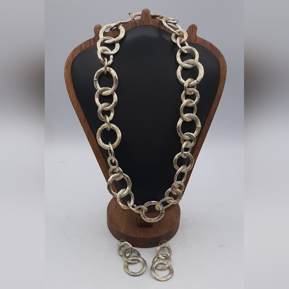 Women's Textured Chain Link Metal Gold Colored Necklace and Earrings